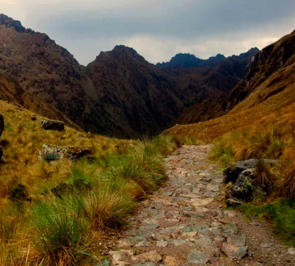 Hikers walking the historic Inca Trail route to Machu Picchu